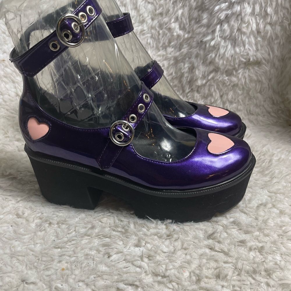 Gothic patent synthetic Aubergine purple Mary Jane chunky platform heelsEur SZ39